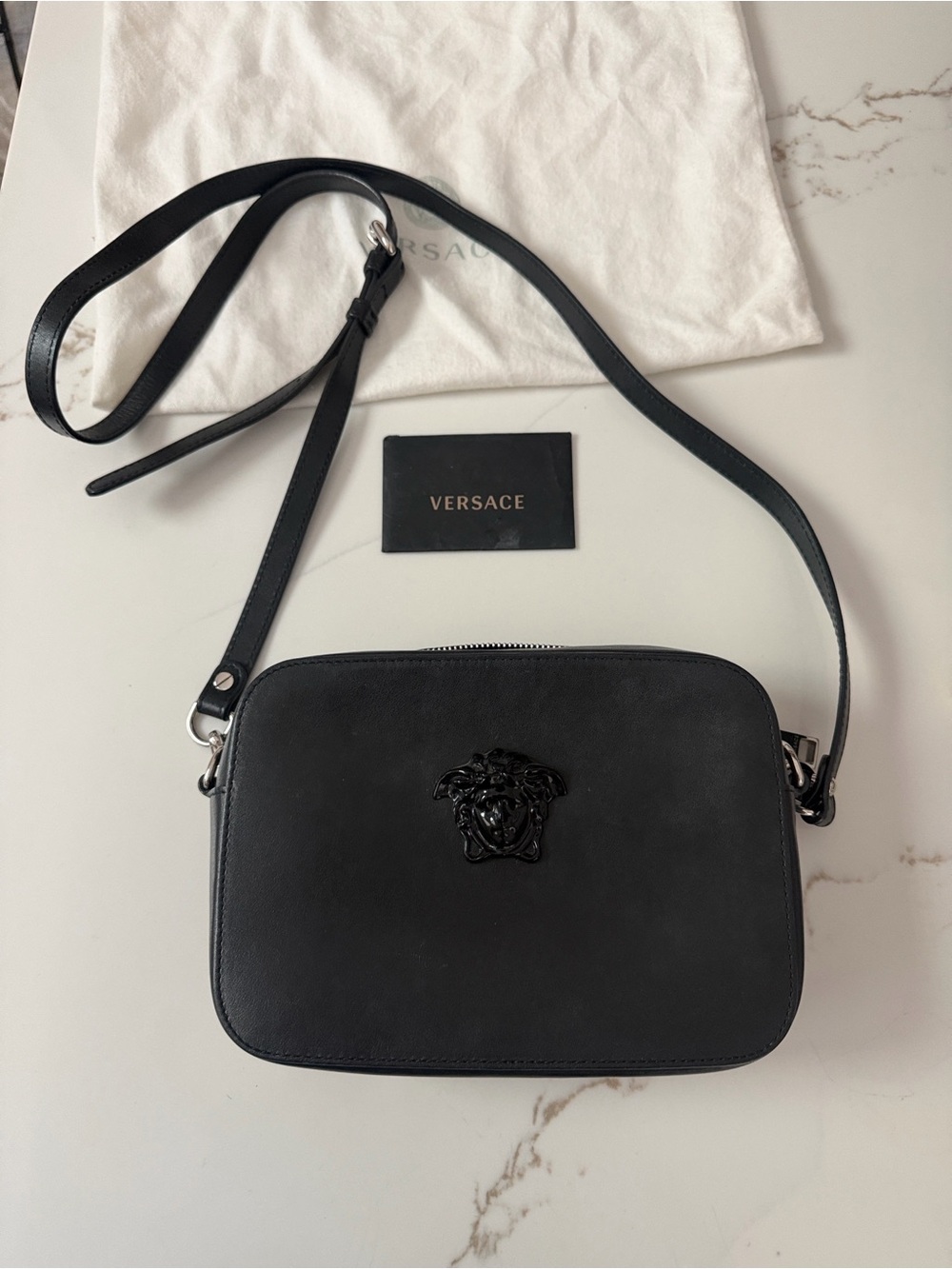 Versace Black Leather Medusa Camera Bag with Two Straps